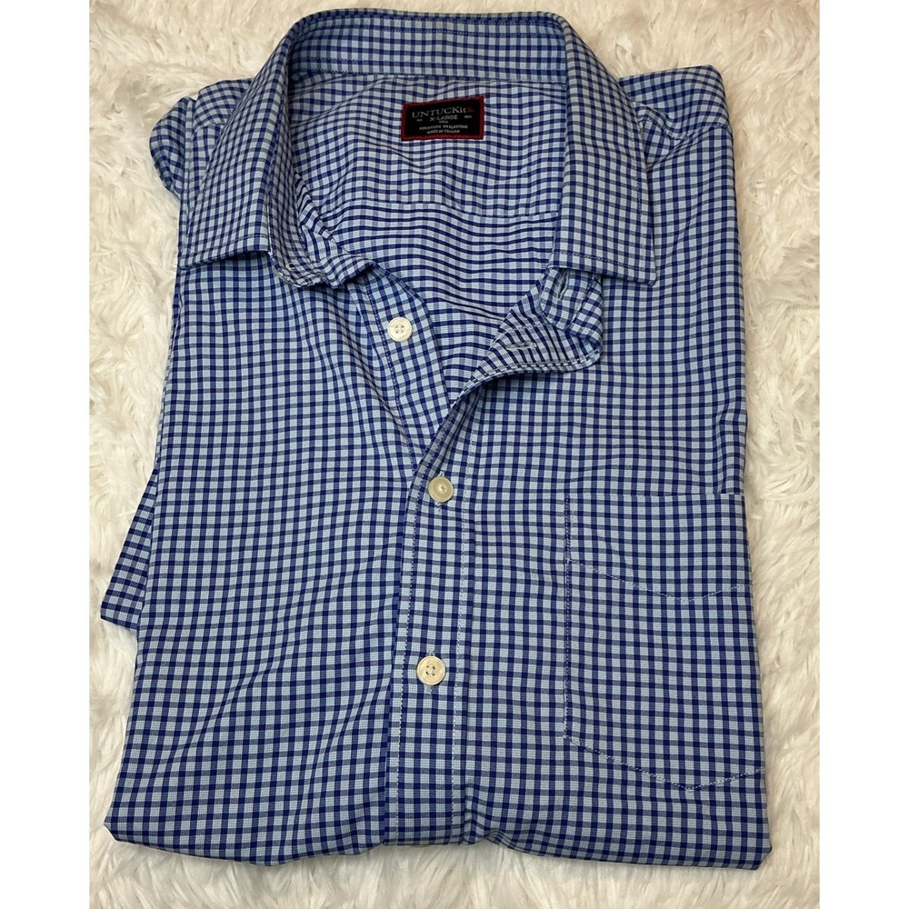 Untuckit Men's Xl Tall Performance Short Sleeve Check Button Down Blue Shirt